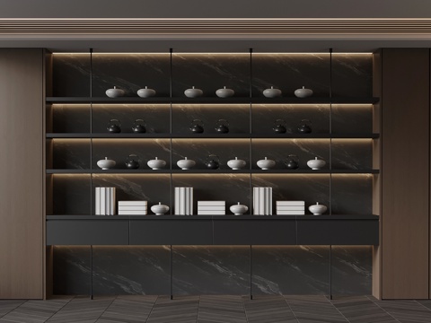  现代极简意式茶柜3d模型下载 陶瓷茶壶组合茶水柜 客厅书房开放式书架设计 高端家居装饰 