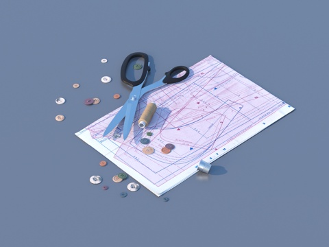  缝纫针线 剪刀 纽扣su模型 