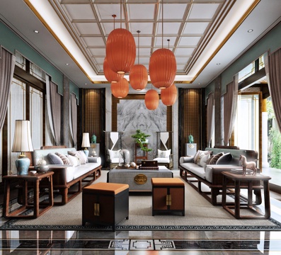  现代新中式客厅设计3d模型下载 红灯笼吊灯装饰 布艺沙发大理石背景 温馨舒适家居 