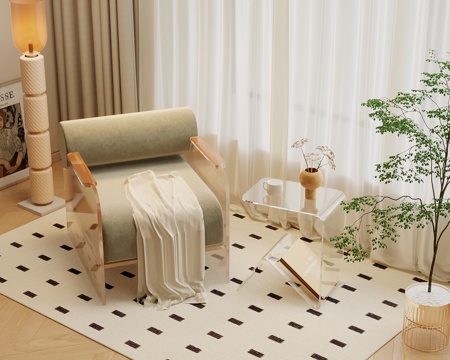  休闲沙发 现代奶油风休闲沙发 边几 落地灯 绿植su模型 