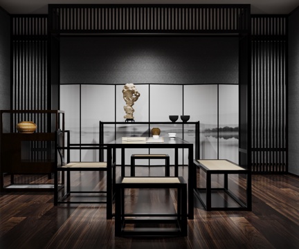  新中式茶室茶桌茶椅3d模型 