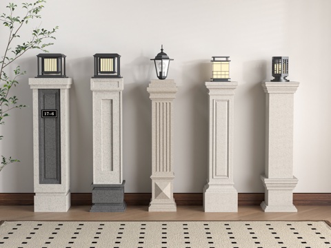  现代柱子 围墙柱子 地灯 柱头灯su模型 