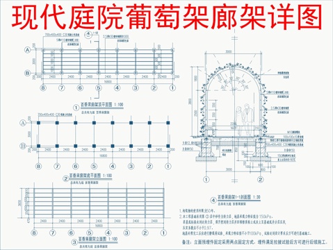  現(xiàn)代庭院葡萄架廊架cad施工圖 