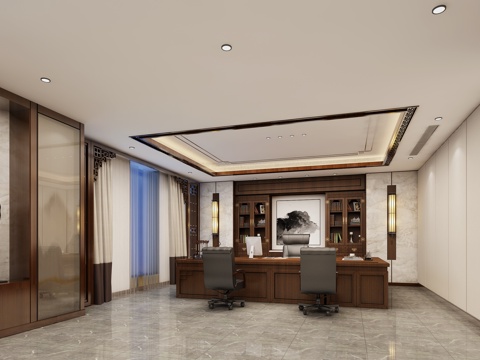  新中式董事长办公室3d模型 