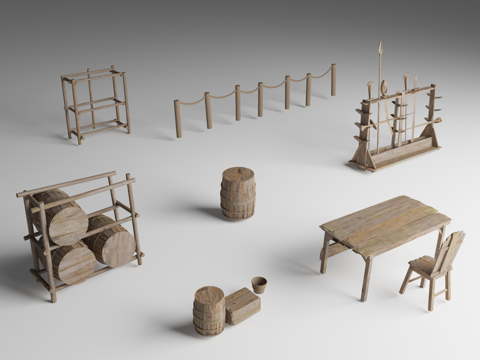  古代木桶 栏杆 古代道具 木头架子 屋城镇 古代木屋3d模型 