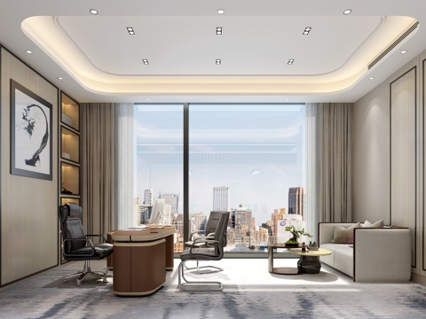  新中式老总办公室经理办公室3d模型 