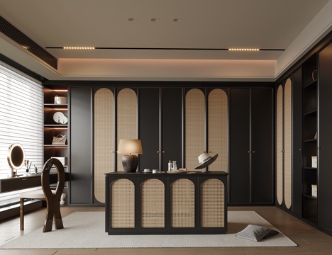  现代岛台衣帽间 衣柜 梳妆台su模型 