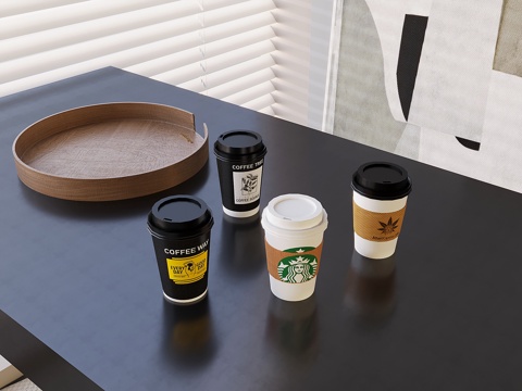  星巴克咖啡咖啡杯 中古实木圆形托盘su模型 