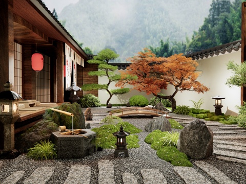  日式民宿庭院景观 禅意庭院花园 汀步 假山水景 水钵 石头3d模型 