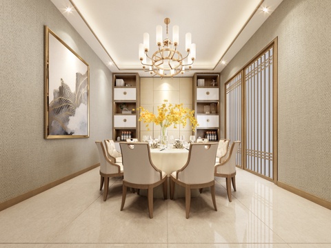  新中式餐厅包间  餐桌椅  吊灯 挂画3d模型 
