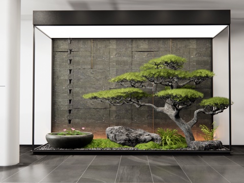  新中室內(nèi)景觀 天井庭院小品 石頭 苔蘚 水缽 雨鏈 植物造景3d模型3d模型 