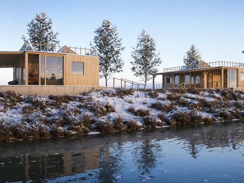  滨水民宿建筑 民宿木屋建筑 木屋民宿建筑 滨水民宿餐厅su模型 