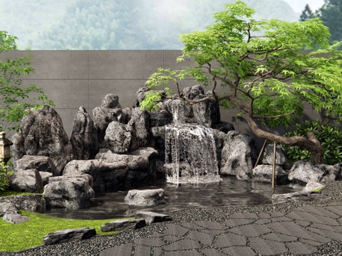  新中式假山水景 景观石头 汀步 青石板路 植物景观 庭院景观3d模型 