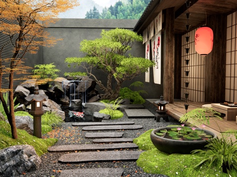  日式禪意庭院景觀 假山水景 青石汀步 苔蘚植物 水缽雨鏈3d模型 