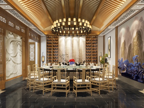  新中式别墅餐厅 吊灯 绿植 餐桌椅 挂画 物件摆件3d模型 