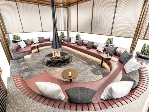  现代户外沙发 户外卡座 围炉煮茶户外亭子 圆形卡座篝火 火盆su模型 