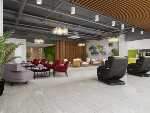  休息区植物墙 沙发 工业吊顶3d模型 