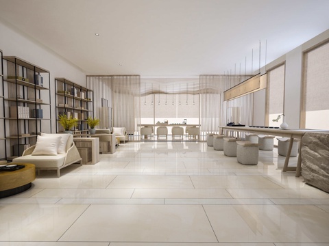  新中式图书馆 书桌椅 吊灯 书架 沙发椅 物件摆件3d模型 