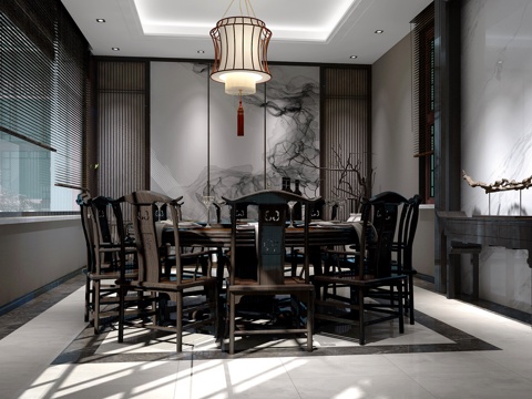  新中式餐厅 餐桌椅组合 吊灯3d模型 