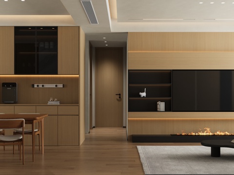  現(xiàn)代原木客餐廳3d模型 