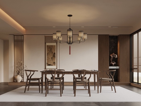  新中式餐廳 餐桌椅 擺件3d模型 