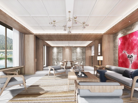  新中式美术馆大厅休息区3d模型 