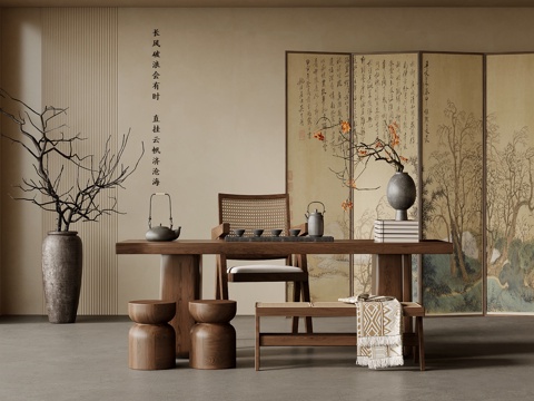  茶室 宋式茶室 茶桌椅組合 茶臺 屏風(fēng) 盆景3d模型 