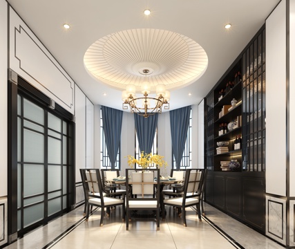  新中式别墅餐厅 吊灯 中式餐桌椅 酒柜 窗帘 摆件 厨房移门3d模型 