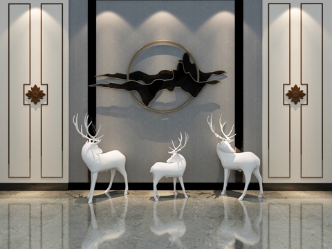  新中式背景墙 新中式形象墙 鹿雕塑摆件 新中式墙饰3d模型 