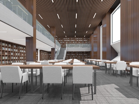  新中式图书馆 现代风格图书阅览室3d模型 