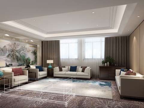  新中式接待室 沙发 挂画 台灯 背景墙 物件摆件3d模型 