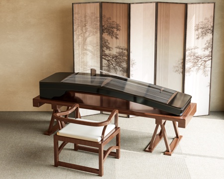  古筝 新中式乐器 新中式屏风 古琴 传统乐器 古筝桌椅 新中su模型 