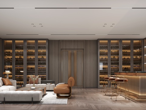  现代轻奢酒窖会客区3d模型下载 带吧台社交休息区设计 玻璃酒架照明装饰 