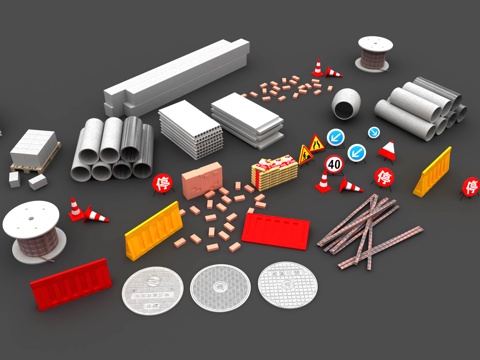  工地工厂设施器材 建材井盖指示牌 建筑材料 警示牌水泥管吊绳su模型 