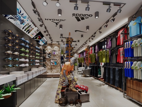  现代运动服装店运动鞋衣服短袖潮牌轨道灯篮球服3d模型 