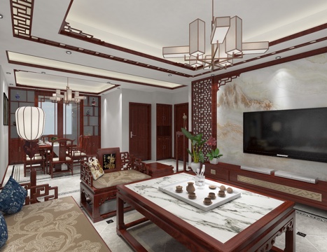  新中式客餐廳 吊燈 電視柜 沙發(fā)茶幾 餐桌椅3d模型 