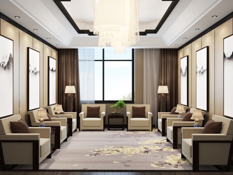  现代新中式贵宾接待室 单人沙发 边柜 台灯 地毯 挂画3d模型 