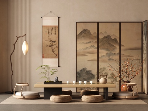  新中式茶室 榻榻米茶室 茶桌椅組合 中式屏風3d模型 