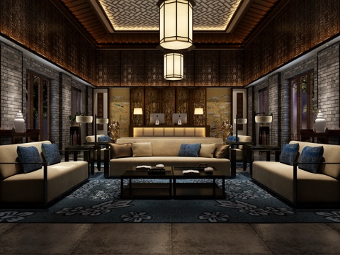  传统中式茶楼接待室3d模型 