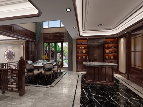  新中式客餐厅 吊灯 台灯 多人沙发 单人沙发 茶几 装饰3d模型 