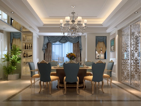  简约美式别墅 餐厅 餐桌椅组合 推拉门3d模型 
