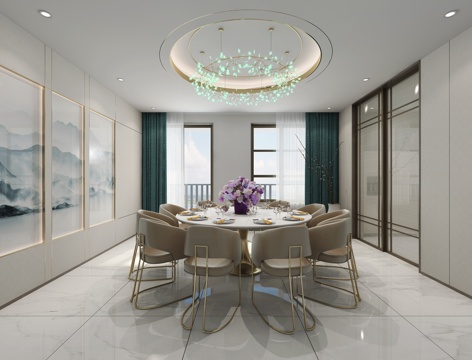  现代新中式餐厅 餐桌椅子组合3d模型 