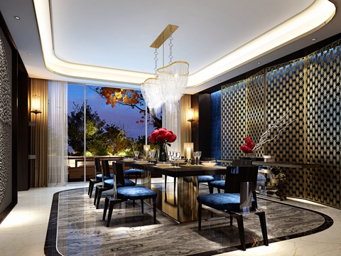  后现代餐厅  餐桌椅组合 吊灯 地毯3d模型 