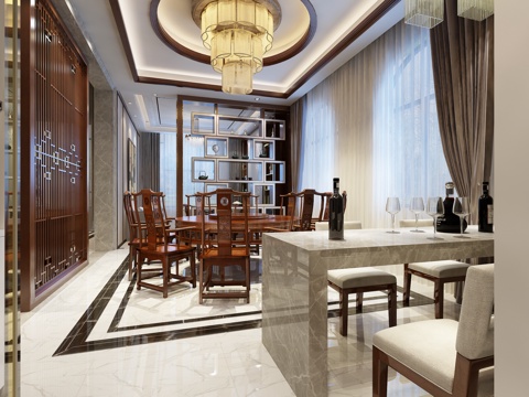  新中式餐厅 餐桌椅 置物架 吊灯 摆件3d模型 