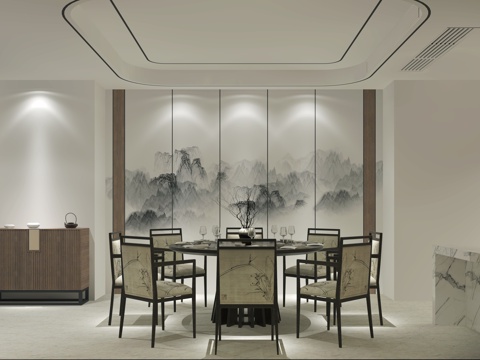  新中式餐厅 背景墙 橱柜3d模型 