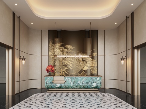  现代大厅前台 接待台 金属背景墙 酒店大厅 会所大厅3d模型 