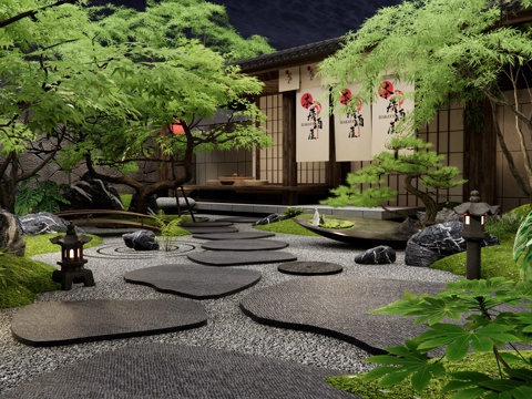 日式禪意庭院花園 汀步 景觀石頭 微地形 枯山水 植物造景3d模型 
