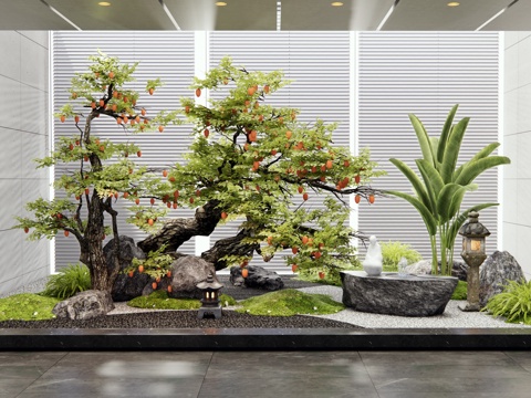  新中式室內(nèi)景觀 庭院小品 柿子樹 景觀樹 老樁果樹 枯山水3d模型 