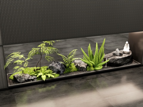  新中式室內(nèi)景觀 玄關(guān)造景 苔蘚 水缽水景 石頭 植物景觀3d模型 