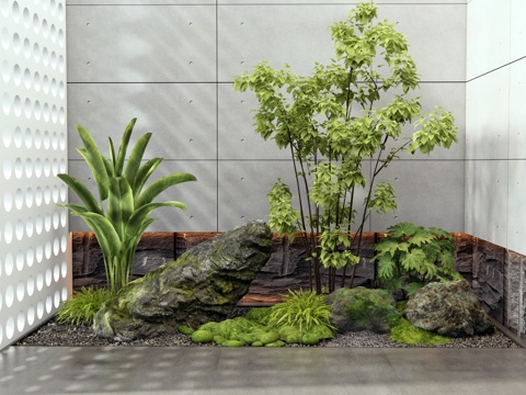  現(xiàn)代室內景觀 置石 景觀石頭 苔蘚 灌木 植物組合 植物造景3d模型 